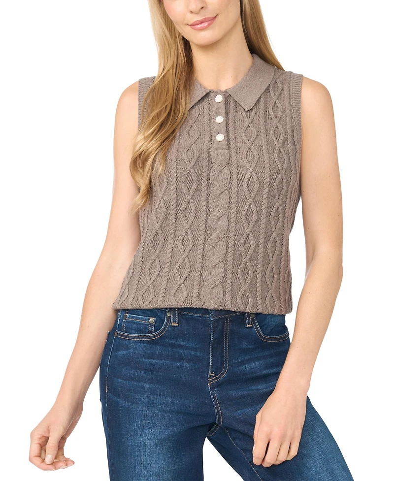 CeCe Women's Cable Knit Collared Sleeveless Sweater Vest