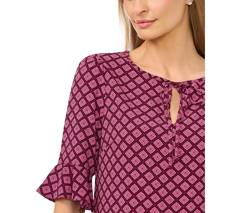 CeCe Women's Split Tie-Neck Ruffle-Cuff 3/4-Sleeve Top