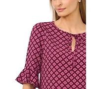 CeCe Women's Split Tie-Neck Ruffle-Cuff 3/4-Sleeve Top