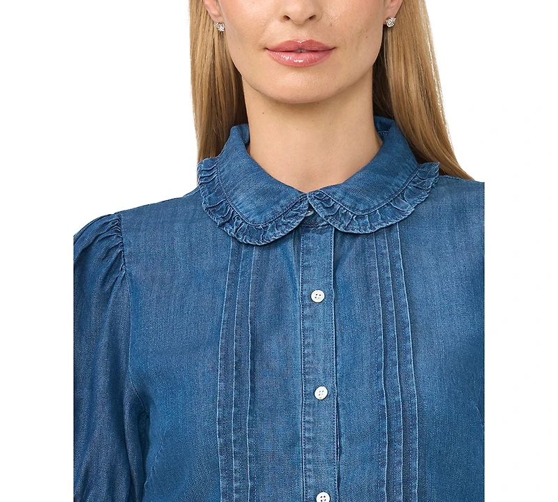 CeCe Women's Cropped Ruffle-Collar Pintuck Button-Front Top