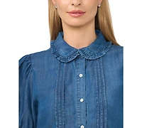 CeCe Women's Cropped Ruffle-Collar Pintuck Button-Front Top