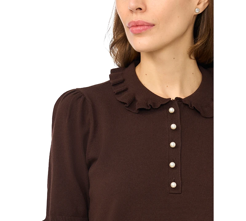 CeCe Women's Ruffle Collar 3/4-Sleeve Polo Sweater