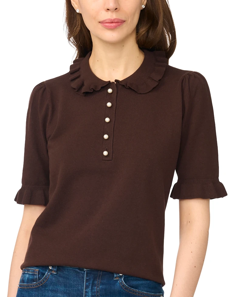 CeCe Women's Ruffle Collar 3/4-Sleeve Polo Sweater
