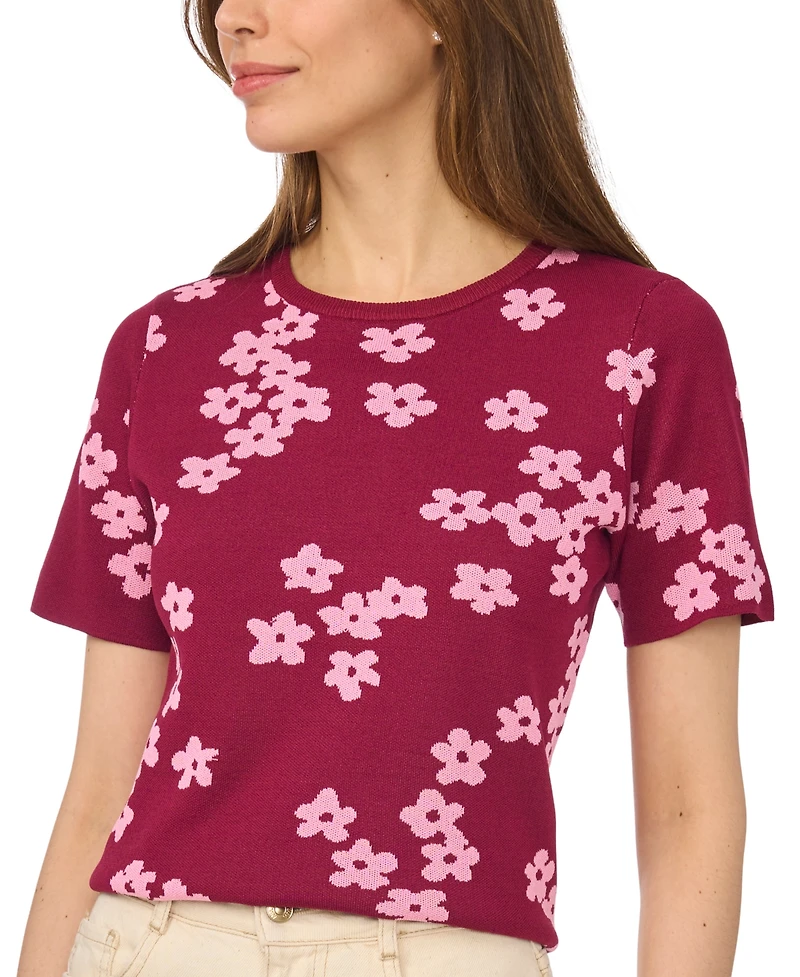 CeCe Women's Floral Jacquard Crewneck Short-Sleeve Sweater