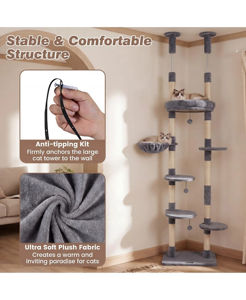 Hongge Six-Tier Floor to Ceiling Cat Tree with Rotatable Plush Bed