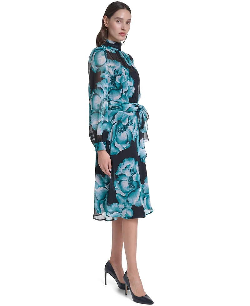 Calvin Klein Petite Mock Neck Floral A-Line Chiffon Midi Dress