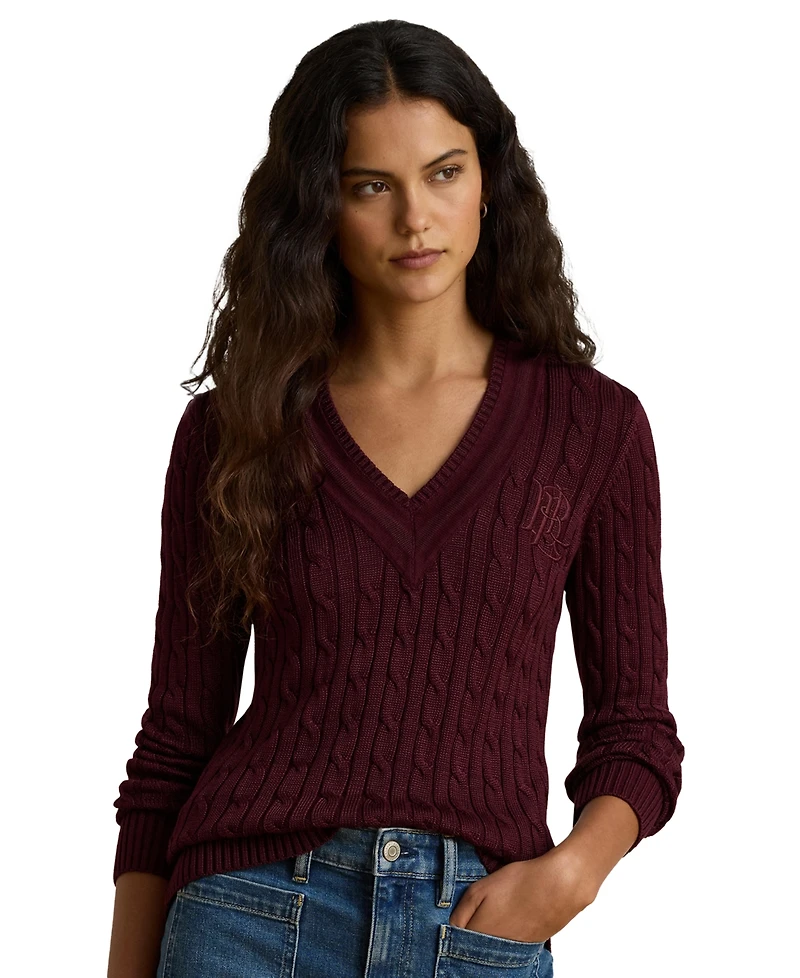 Lauren Ralph Women's Long-Sleeve V-Neck Cable Knit Sweater