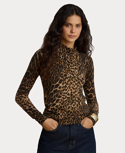 Lauren Ralph Women's Ocelot Print Long-Sleeve Mock Neck Top