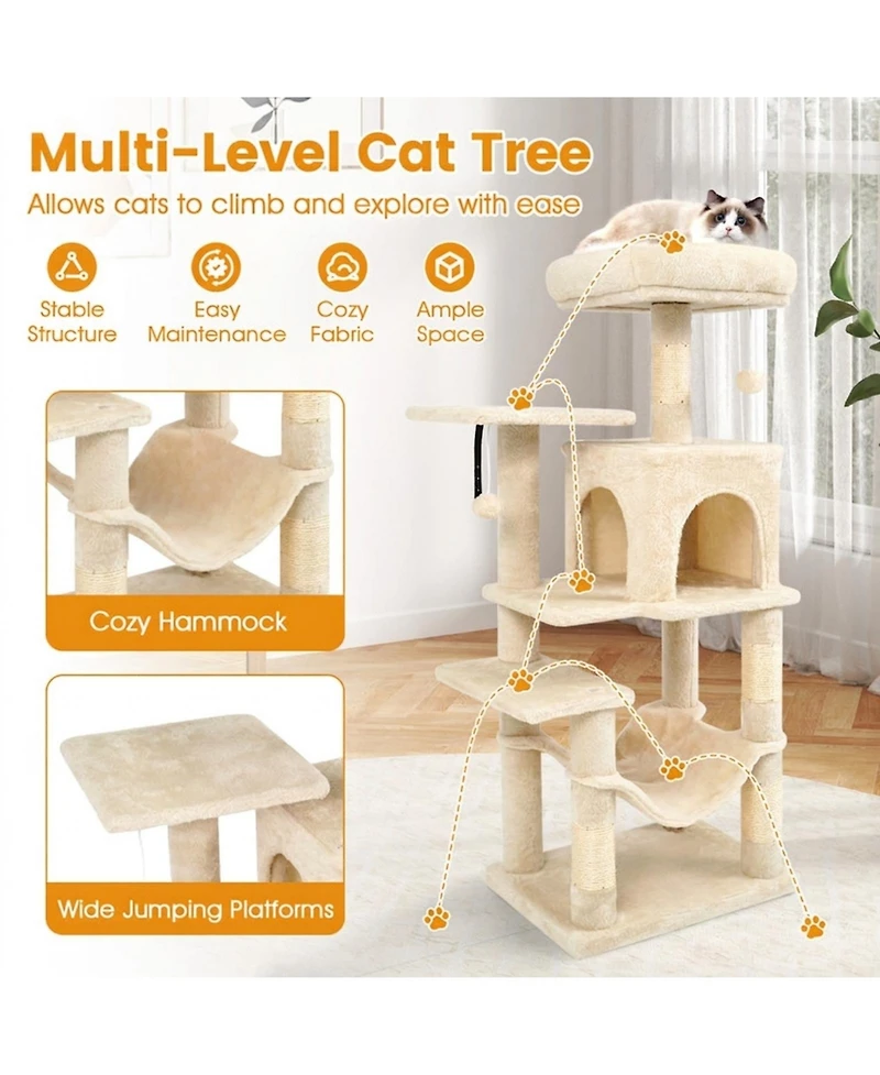 Hongge 44 Inch Multi-Level Cat Tower with Roomy 2-Door Condo