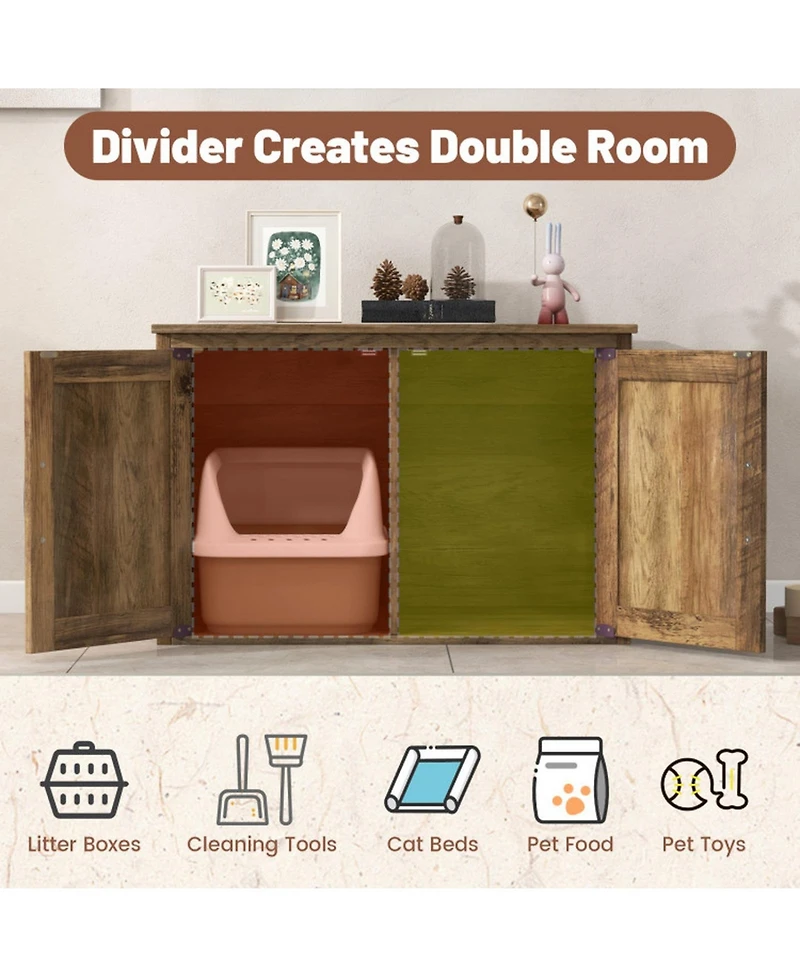 Hongge Flip-Top Hidden Cat Litter Box Enclosure with Double Barn Doors and Removable Divider