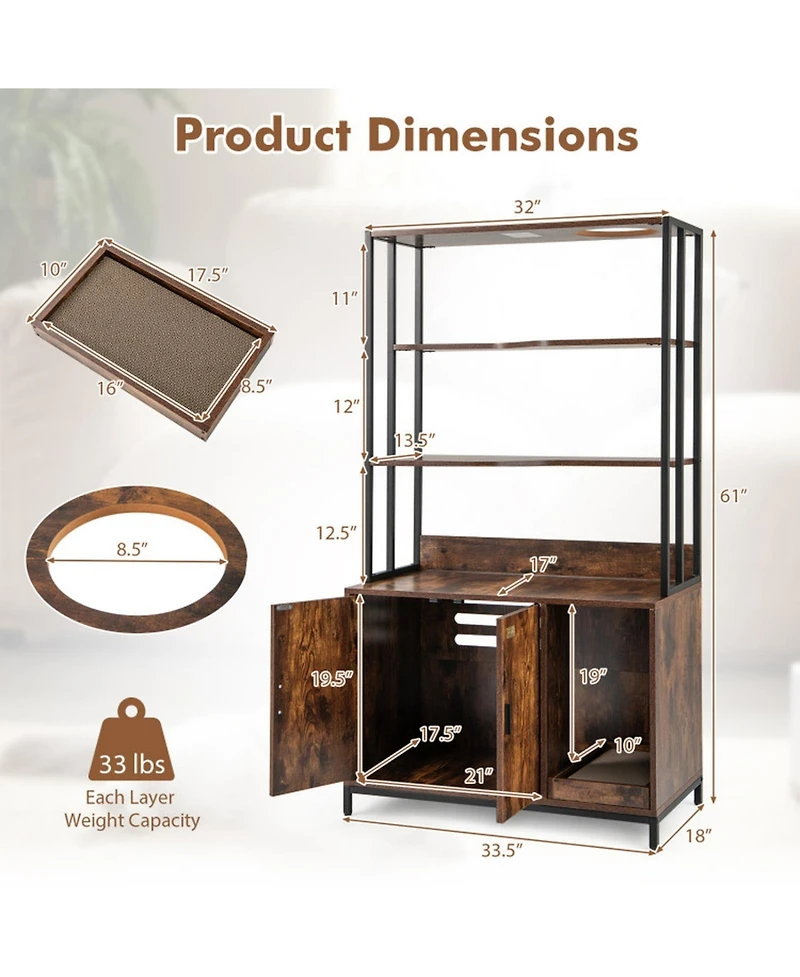 Hongge Tall Cat Litter Box Enclosure with 3-Tier Storage Shelves Ventilated Cabinet and Scratcher