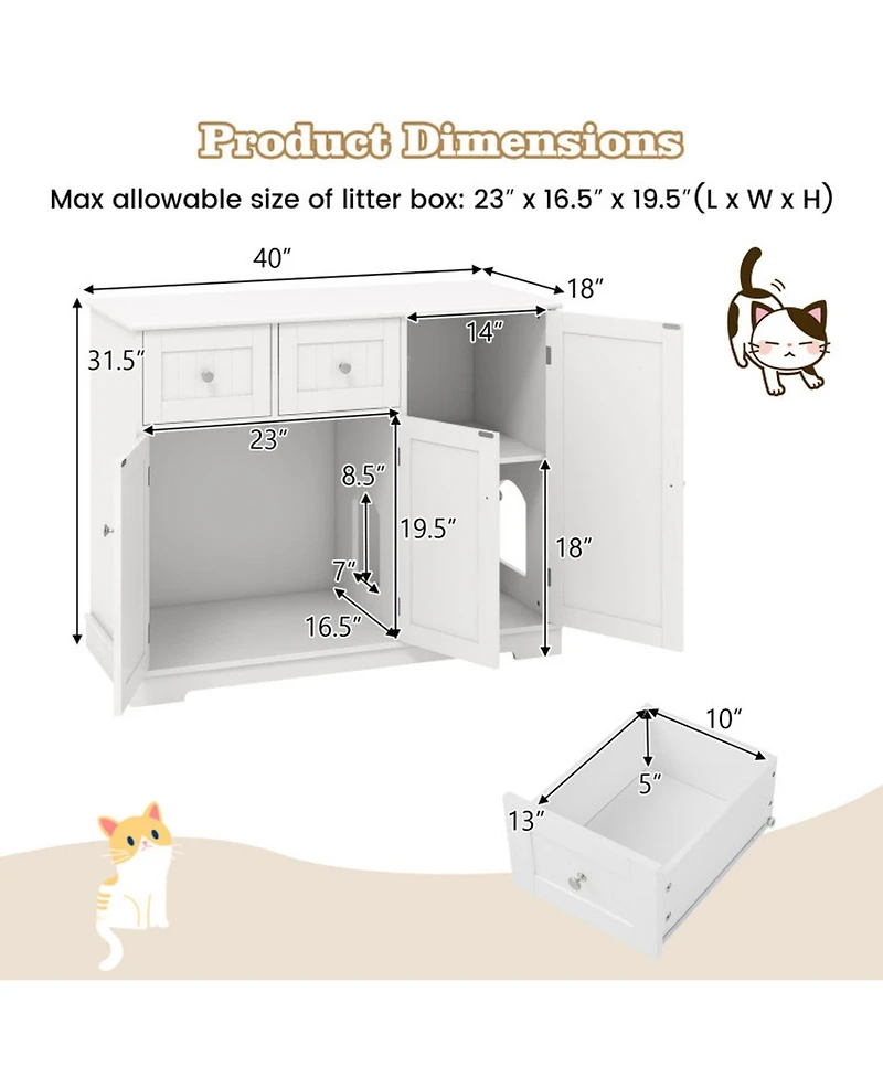 Hongge Cat Litter Box Enclosure with 2 Drawers 3 Doors and Countertop for Kittens and Adult Cats