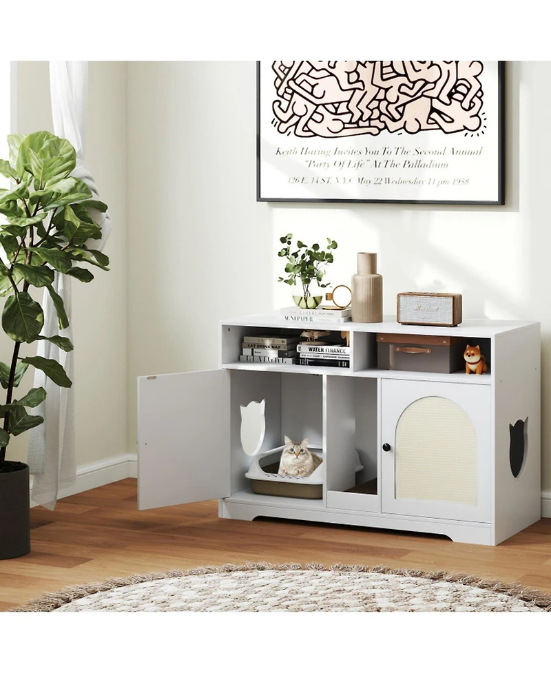 Hongge 43 in Cat Litter Box Enclosure with Double Rooms Sisal Mats and Storage
