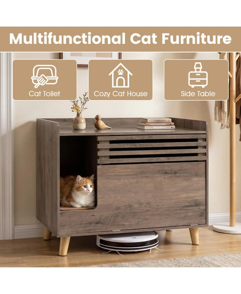 Hongge Cat Litter Box Enclosure with Flip-Down Door Ventilation Panel and Scratching Mat