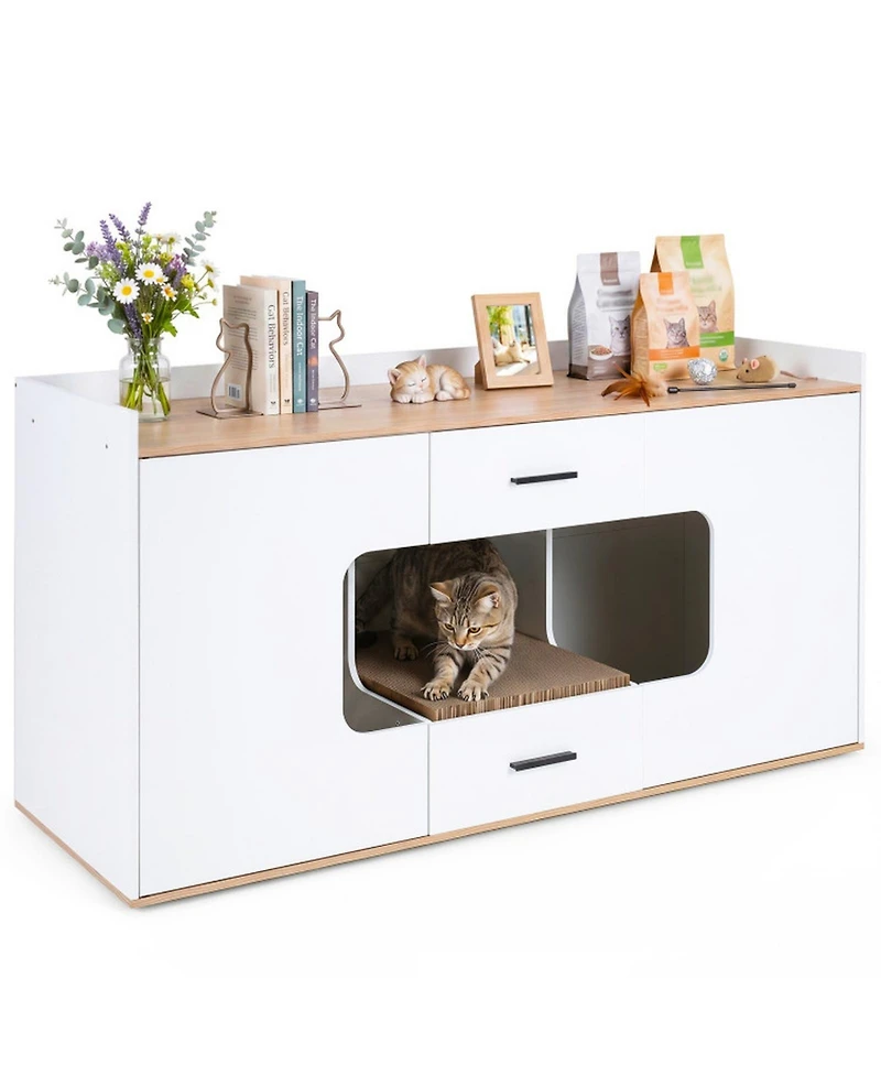 Hongge 55 in Wooden Hidden Cat Litter Box Cabinet with Wide Countertop 2 Drawers and 2 Doors
