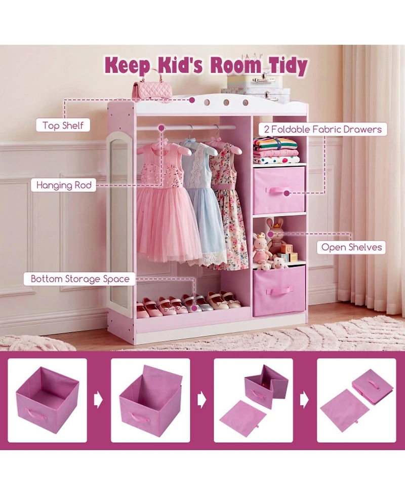 Hongge Kids Dress Up Storage Closet with Full-Length Mirror Hanging Rod and Fabric Drawers