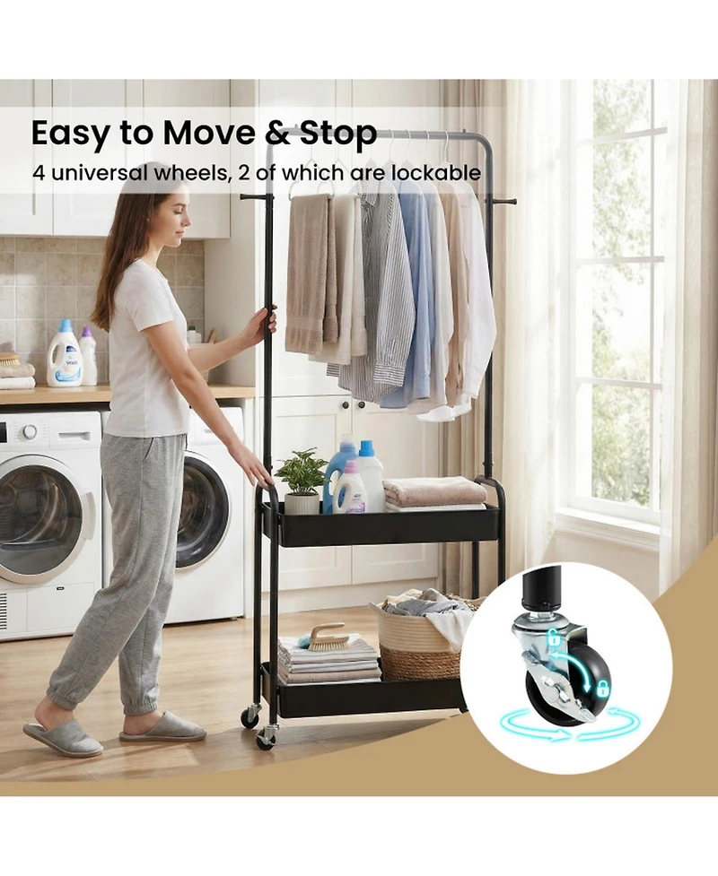 Hongge Heavy-Duty Rolling Clothes Rack with Hanging Rod and 2 Storage Baskets