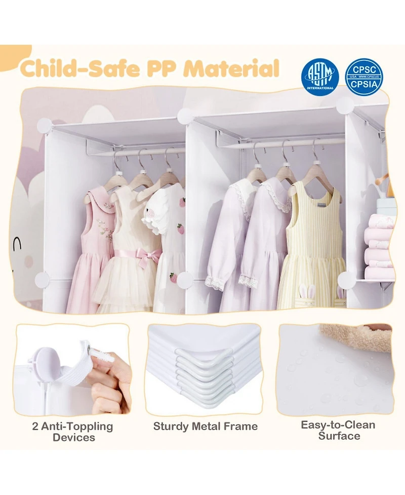 Hongge Modular Kids Wardrobe Closet with 13 Cubes Hanging Rods and Stackable Shelves