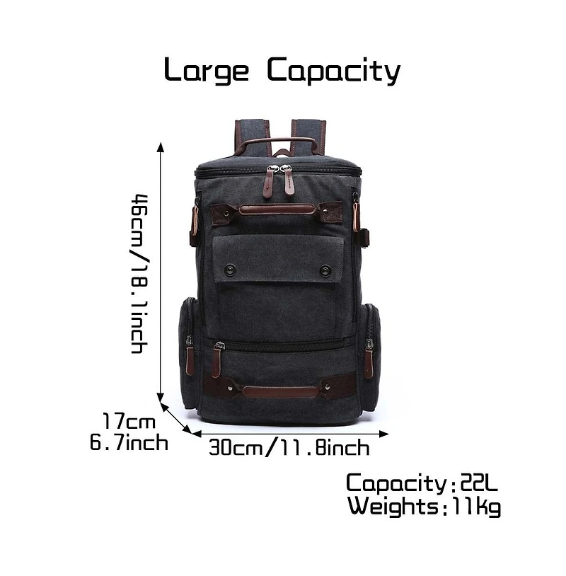 Piscifun Canvas Leather Accent Travel Rucksack Laptop Daypack Hiking Camping Bag