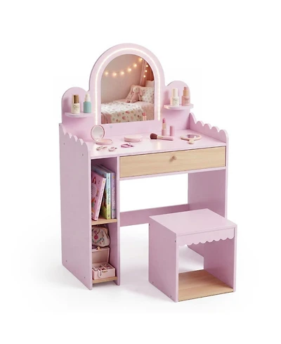 Hongge Lighted Makeup Mirror 2-Piece Vanity and Chair Set, Ages 3+