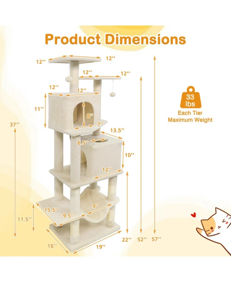 Hongge 57 Inch Cat Tree with Dual Condos on a Wide 29 Inch Base