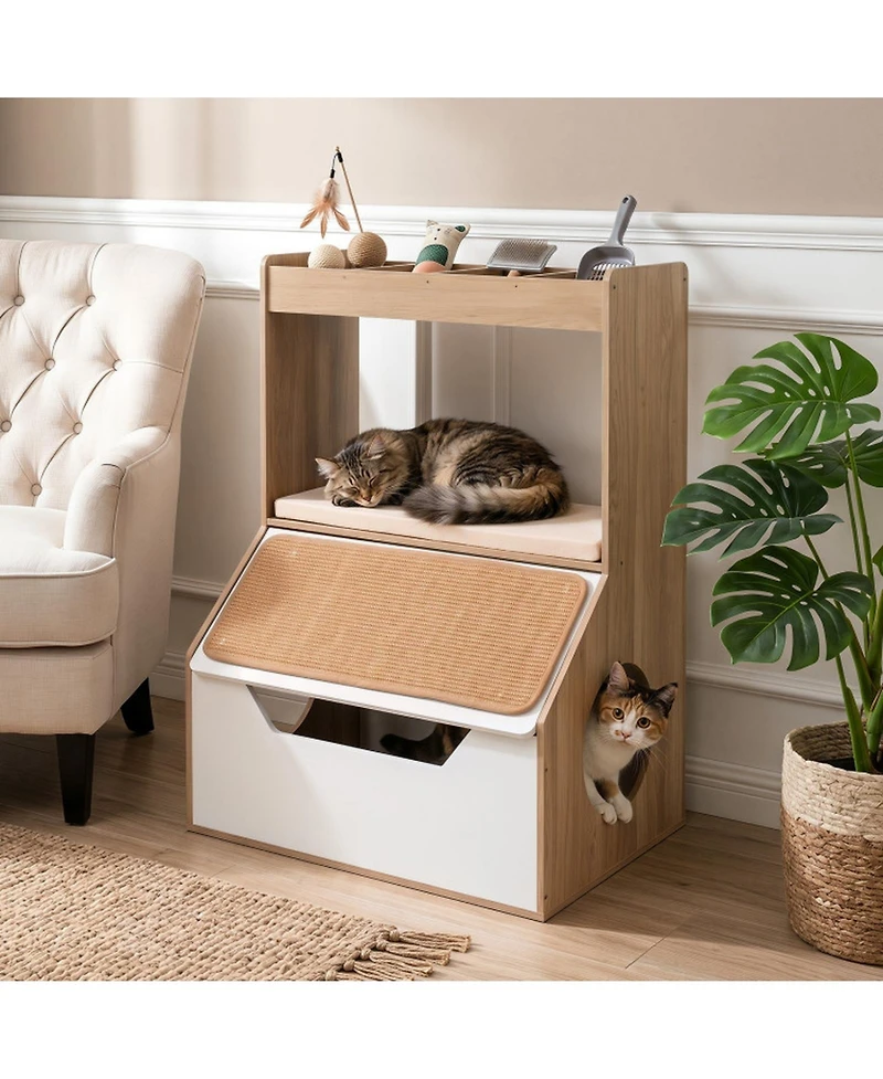Hongge 3-in-1 Hidden Litter Box Enclosure Cabinet with 4 Cubbies