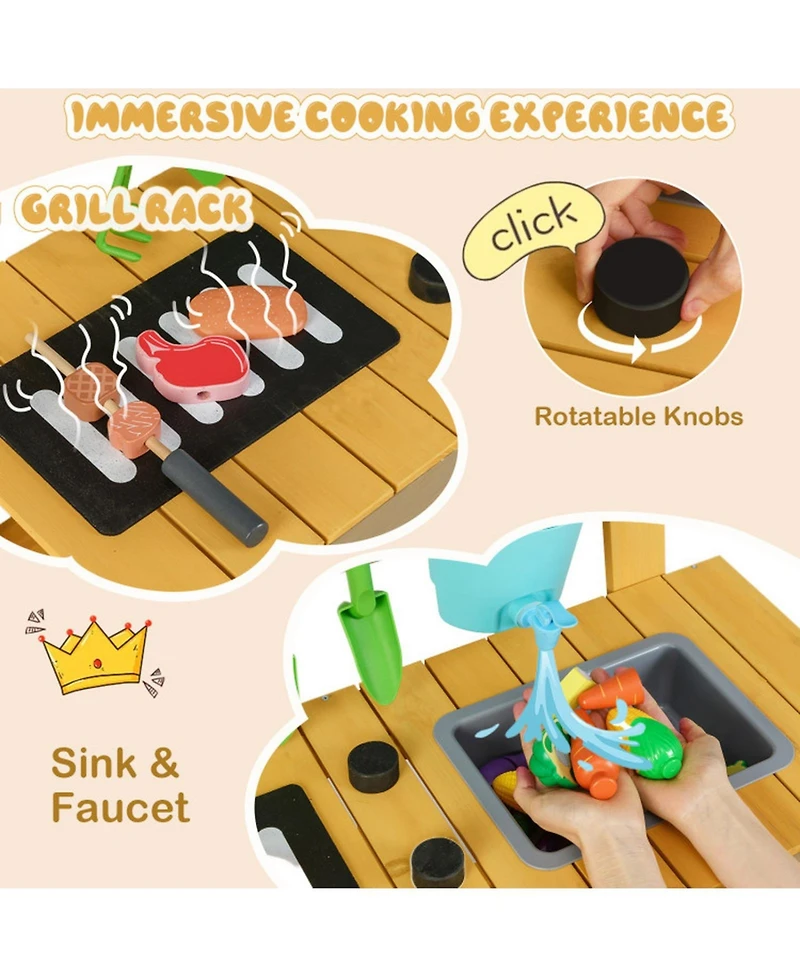 Hongge Outdoor Wooden Mud Kitchen with Grill Rack and Garden Tools