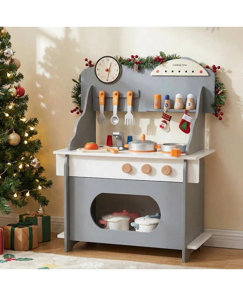 Hongge Wooden Learning Clock Play Kitchen, 12-Piece Set, Ages 3+