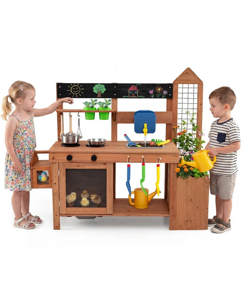 Hongge Outdoor Mud Kitchen with Removable Birdcage and Planter Box, Ages 3+