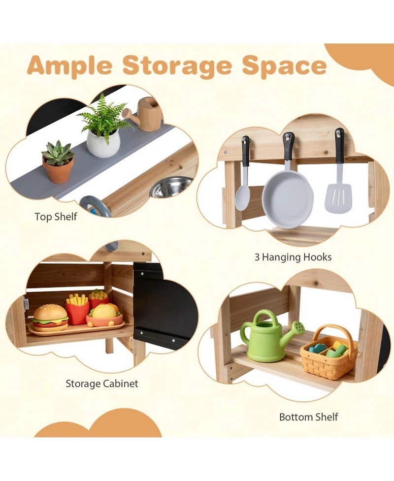 Hongge Kids Wooden Outdoor Mud Kitchen with Stainless Steel Sink and Stoves Ages 3