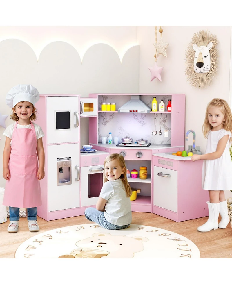 Hongge Kids Corner Play Kitchen Playset with Sensor Faucet and Sound Lights Ages 3