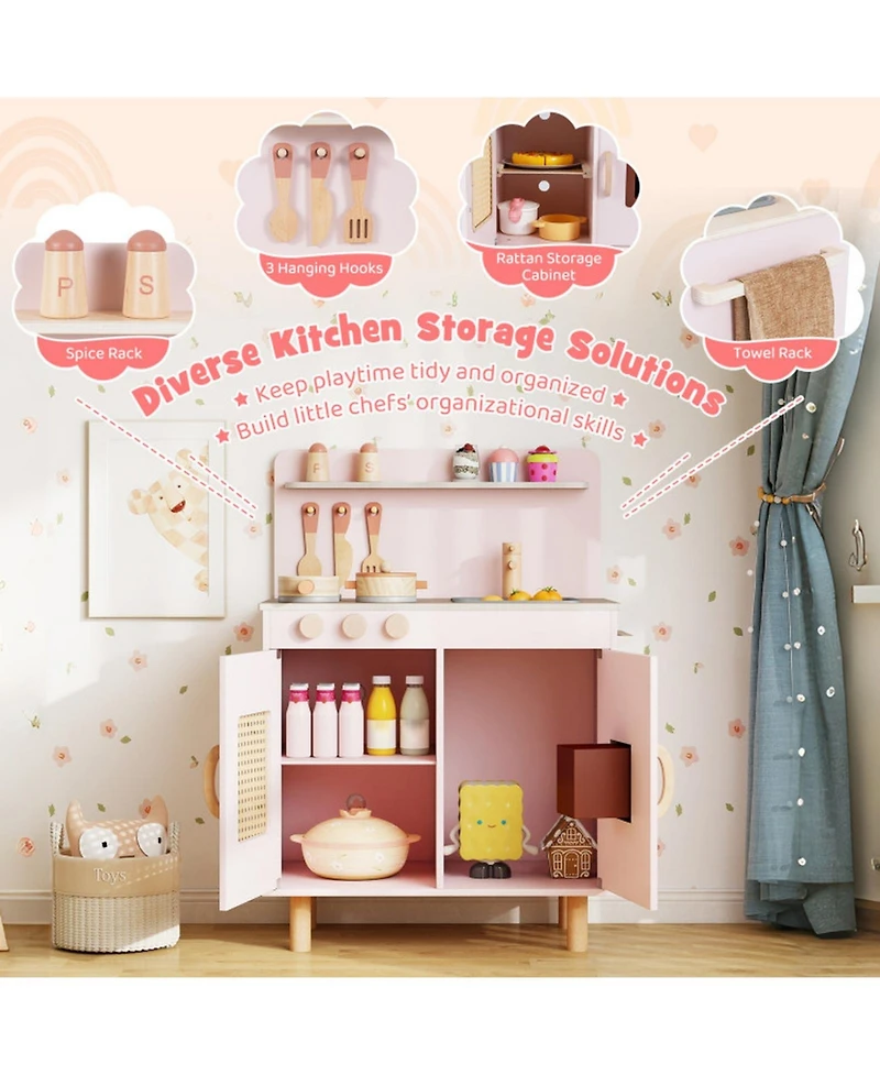 Hongge Kids Wooden Play Kitchen Playset with Working Ice Maker and Sink Ages 3