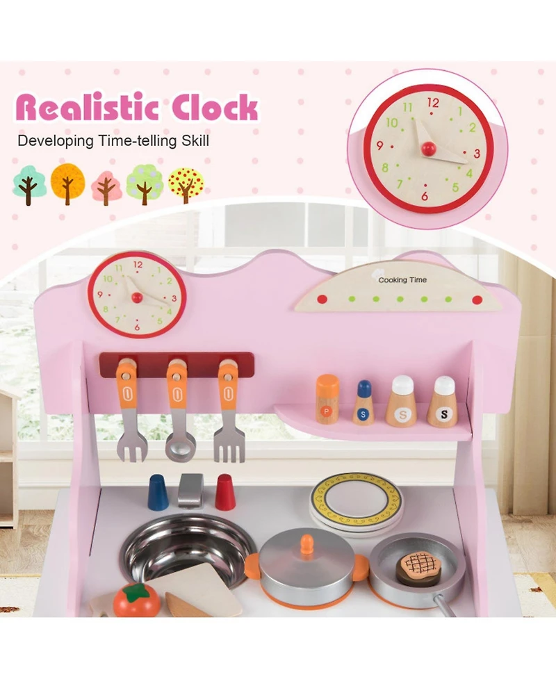 Hongge Wooden Double-Burner Play Kitchen with Learning Clock, 12-Piece Set, Ages 3+