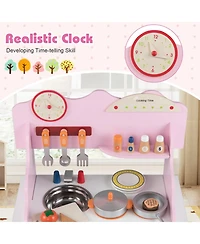 Hongge Wooden Double-Burner Play Kitchen with Learning Clock, 12-Piece Set, Ages 3+