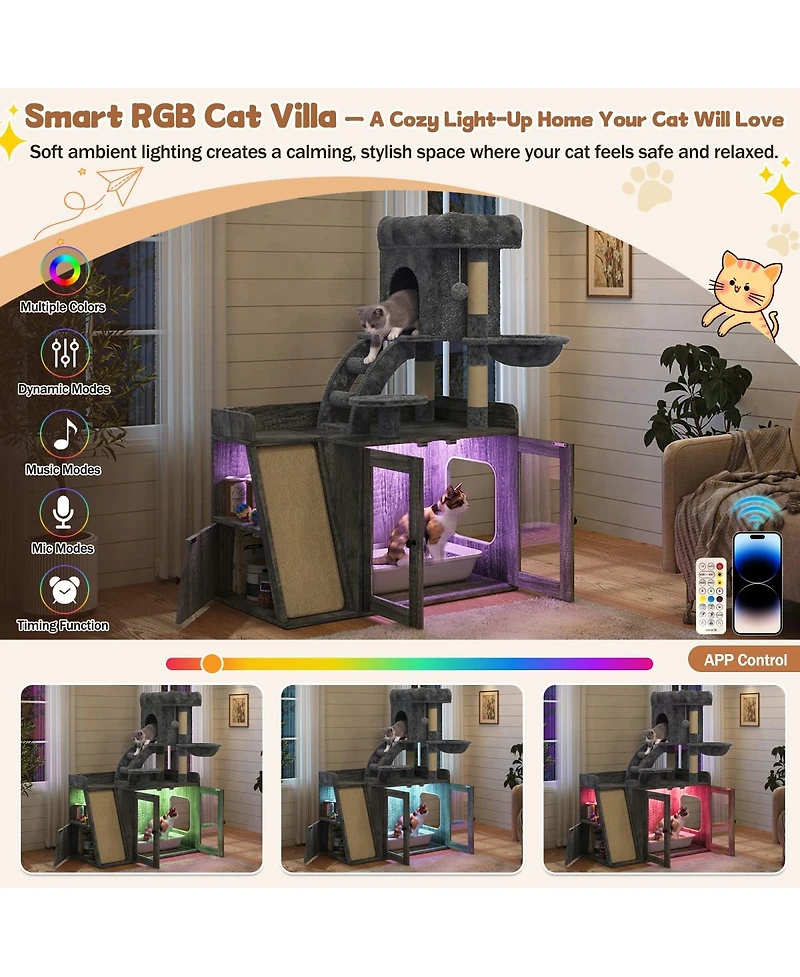6thdruple Cat Litter Box Enclosure With Led Light, Storage Cabinet and Sisal Scratcher, Modular Cat Tree