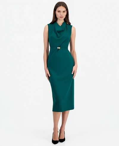 Anne Klein Women's Cowl Neck Belted Midi Dress