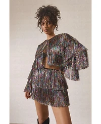 Nasty Gal Women's High-Waisted Metallic Tinsel Tiered Shorts, 15.75" Inseam