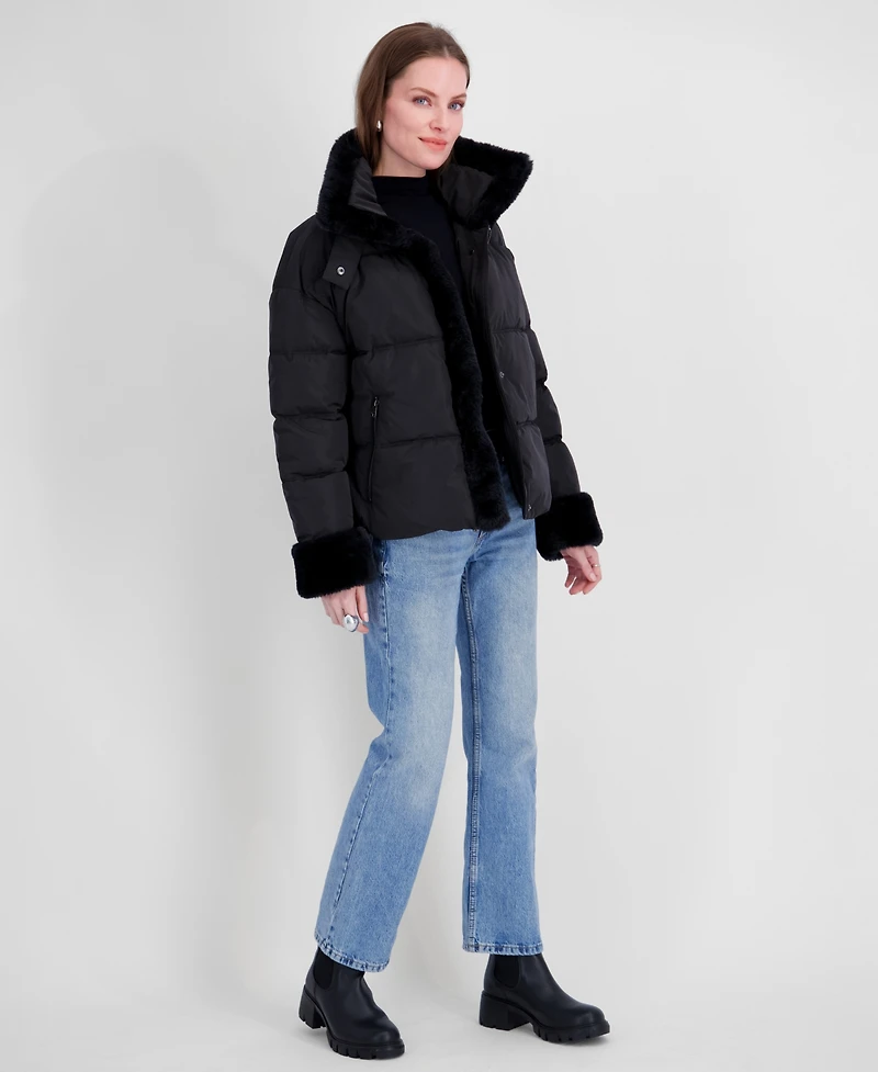 Tahari Womens Sherpa Cuff and Collar Puffer Coat