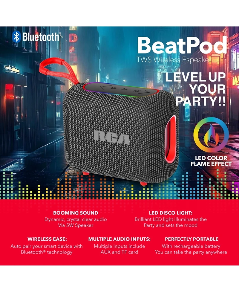 Rca Beat-33 5W Portable Bluetooth Speaker with Rgb Lights and Multiple Inputs