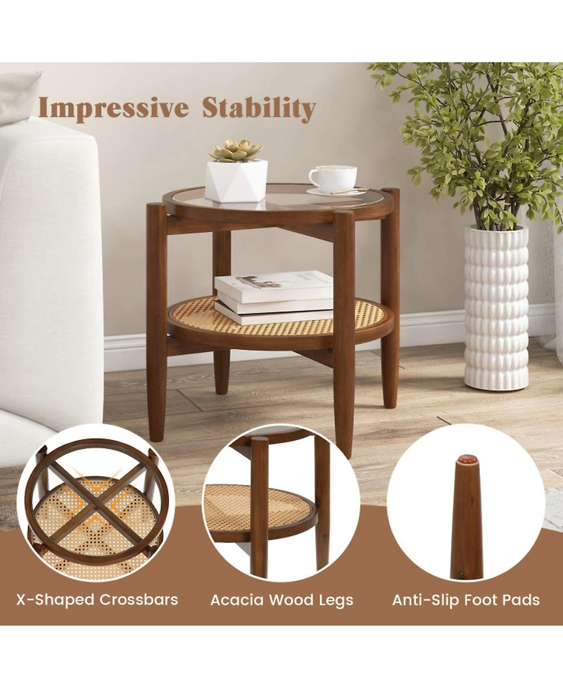 Sugift Round Rattan Side End Table with Tempered Glass Tabletop and Shelf