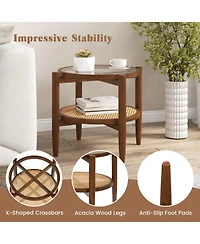Sugift Round Rattan Side End Table with Tempered Glass Tabletop and Shelf