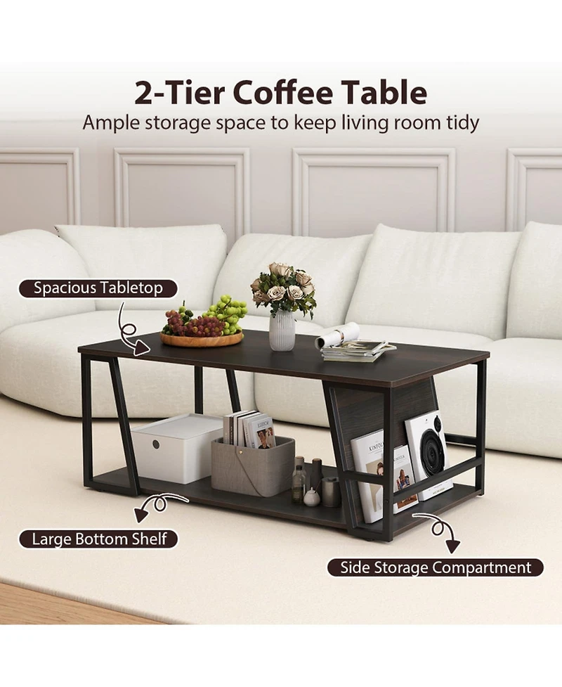 Sugift 2-Tier Industrial Rectangle Coffee Table with Storage Shelf and Side Compartment