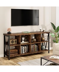 homfan 8-Cube Bookshelf Storage Organizer with Industrial Metal Frame, 62" Console Table, Tv Stand, Rustic Farmhouse Style