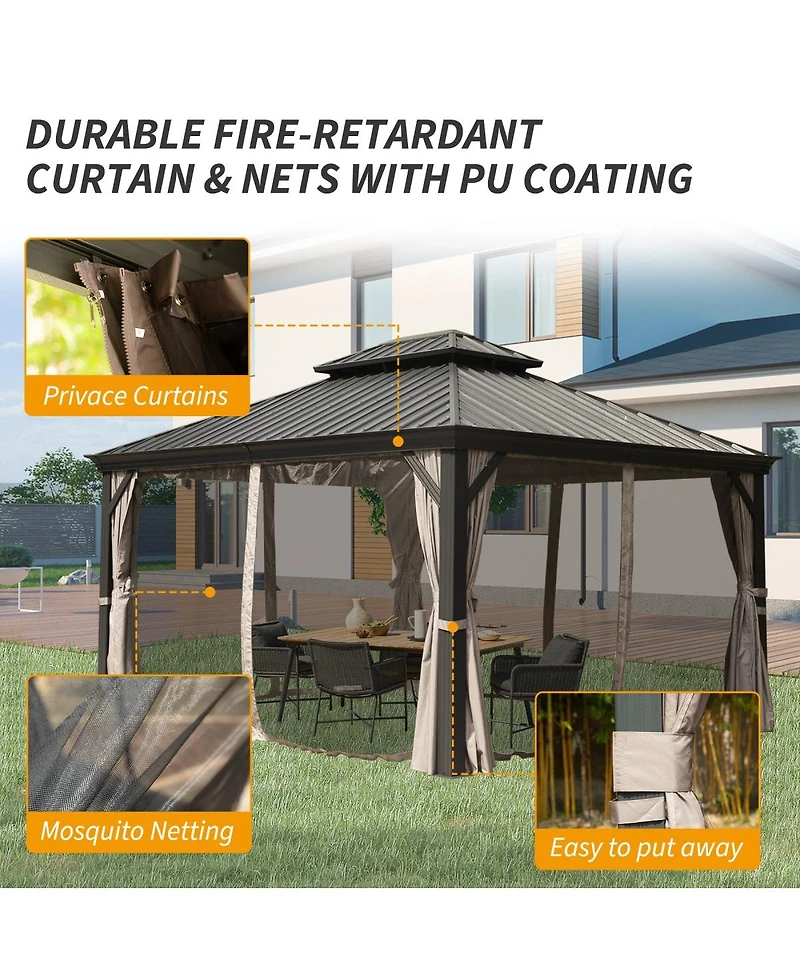 Asagikoiai 10x14 Ft Metal Outdoor Hardtop Gazebo, Double Roof Patio Canopy with Netting and Curtains