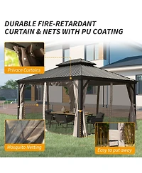 Asagikoiai 10x14 Ft Metal Outdoor Hardtop Gazebo, Double Roof Patio Canopy with Netting and Curtains