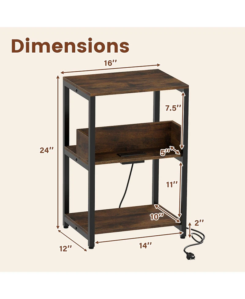 Sugift 3-Tier Side End Table with Hidden Charging Station and Open Shelves