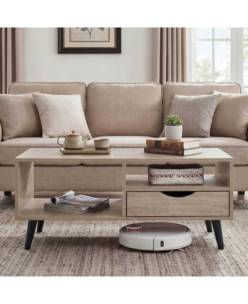 Sugift Rectangle Coffee Table with Storage Shelf and Drawer Center Table
