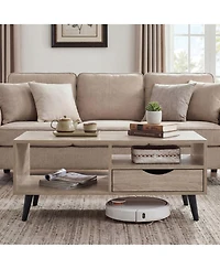 Sugift Rectangle Coffee Table with Storage Shelf and Drawer Center Table