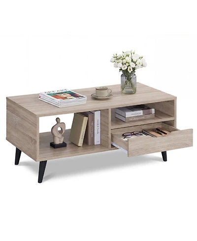 Sugift Rectangle Coffee Table with Storage Shelf and Drawer Center Table
