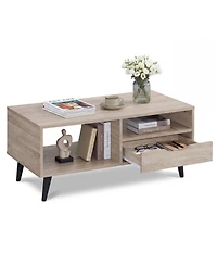Sugift Rectangle Coffee Table with Storage Shelf and Drawer Center Table